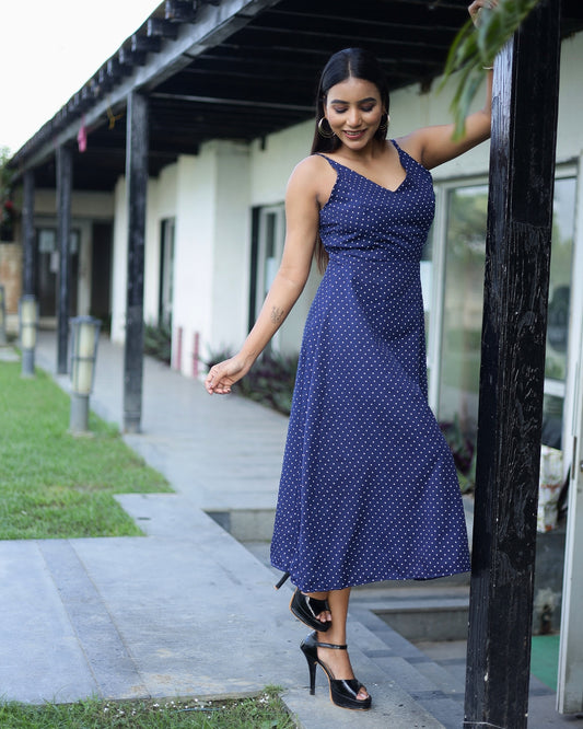 Navy Polka Charm Spaghetti Midi Dress