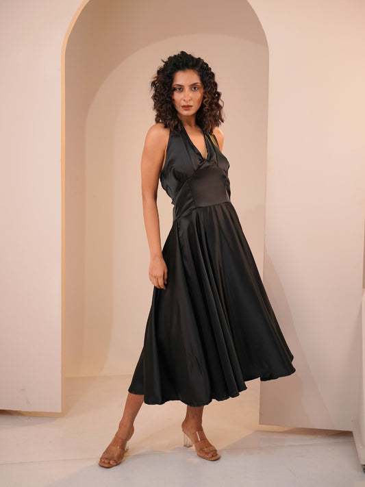 Black Elegance Satin Halter Neck Midi Dress