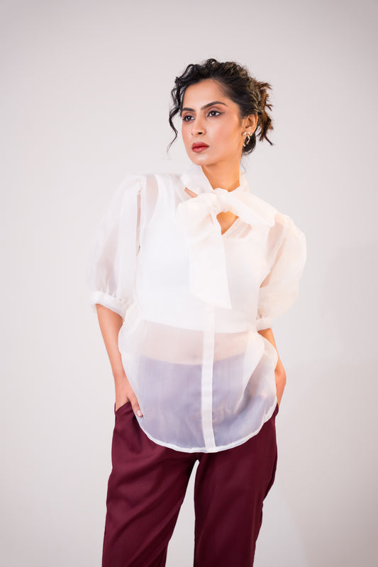 White Bow Puff Sleeve Top