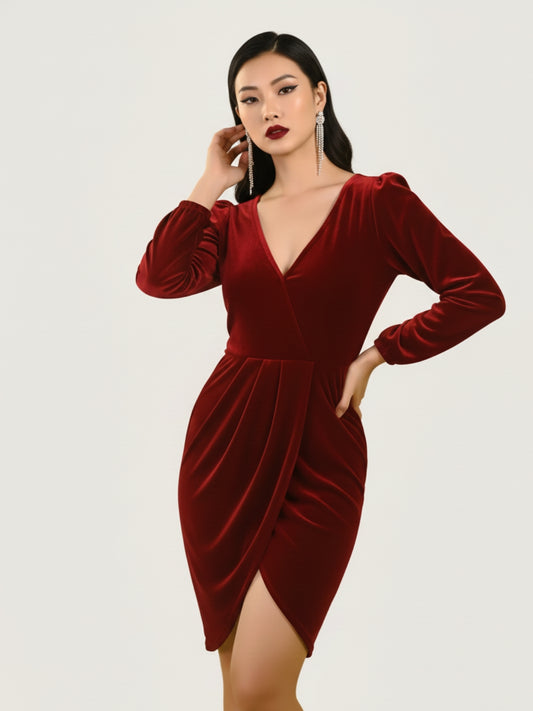 Draped V-Neck Velvet Mini Dress