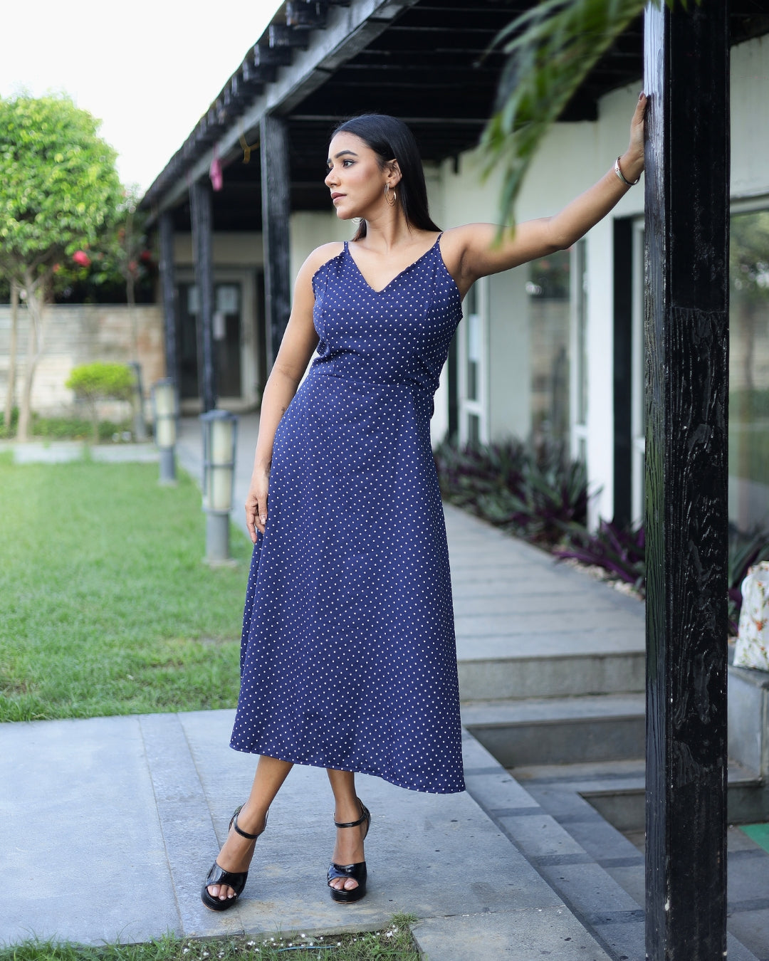 Navy Polka Charm Spaghetti Midi Dress