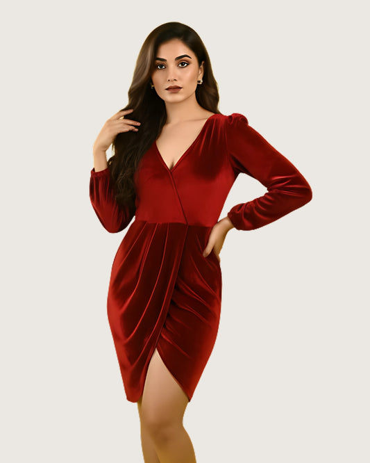 Draped V-Neck Velvet Mini Dress