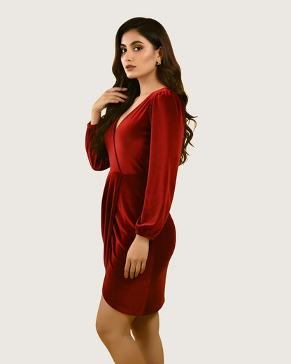 Draped V-Neck Velvet Mini Dress