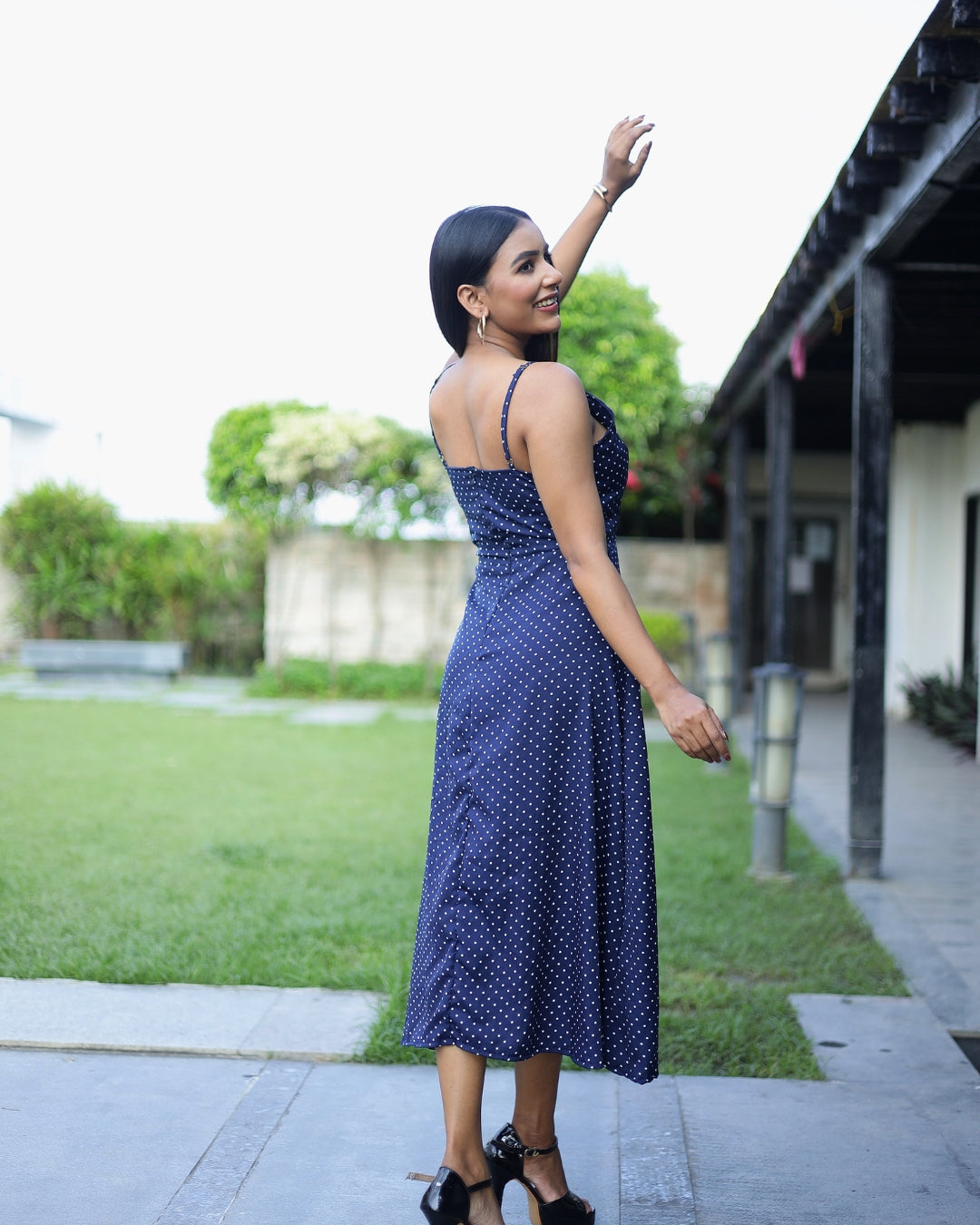 Navy Polka Charm Spaghetti Midi Dress