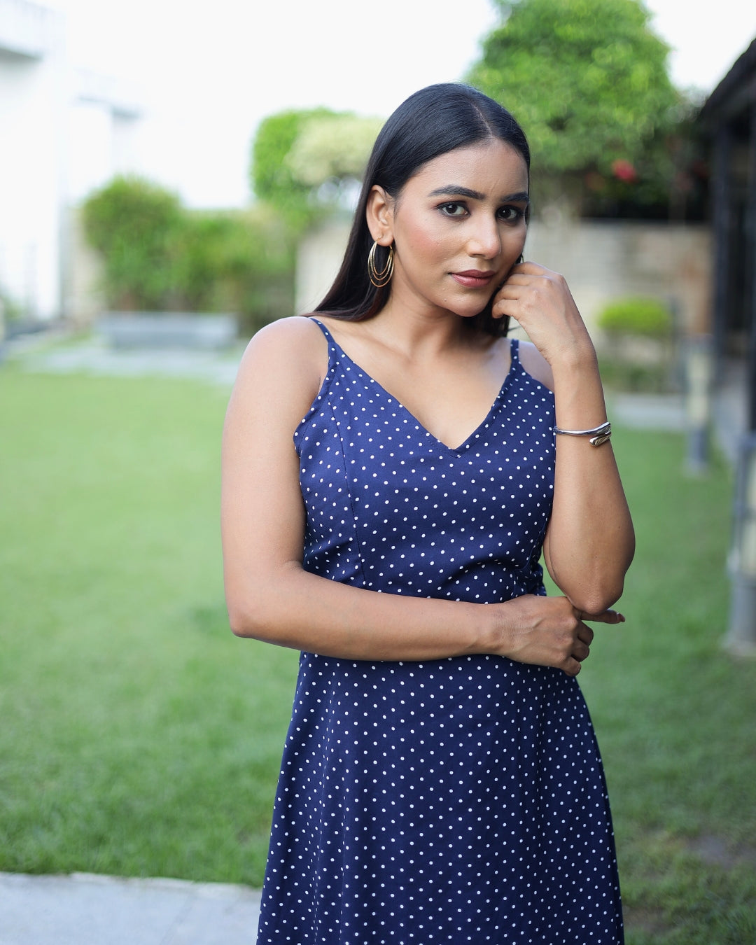 Navy Polka Charm Spaghetti Midi Dress