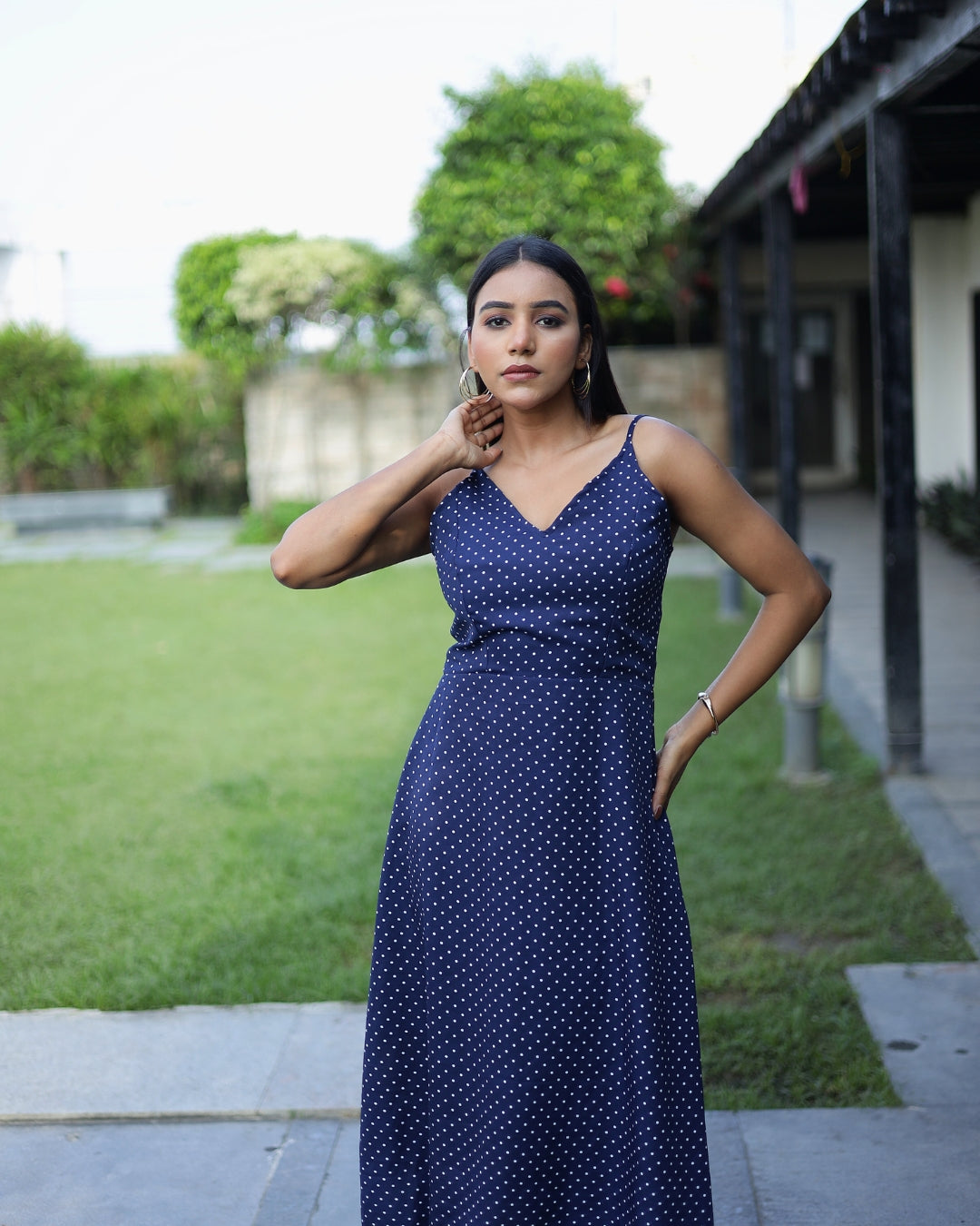 Navy Polka Charm Spaghetti Midi Dress