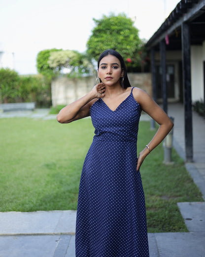 Navy Polka Charm Spaghetti Midi Dress