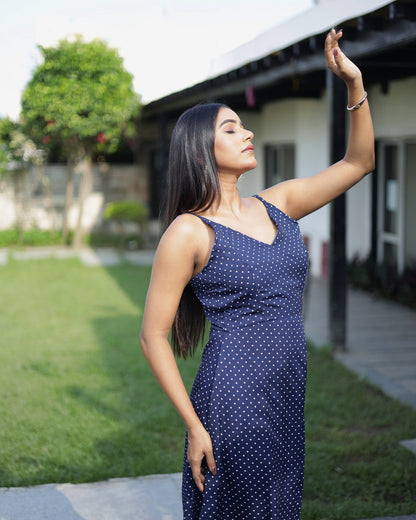Navy Polka Charm Spaghetti Midi Dress