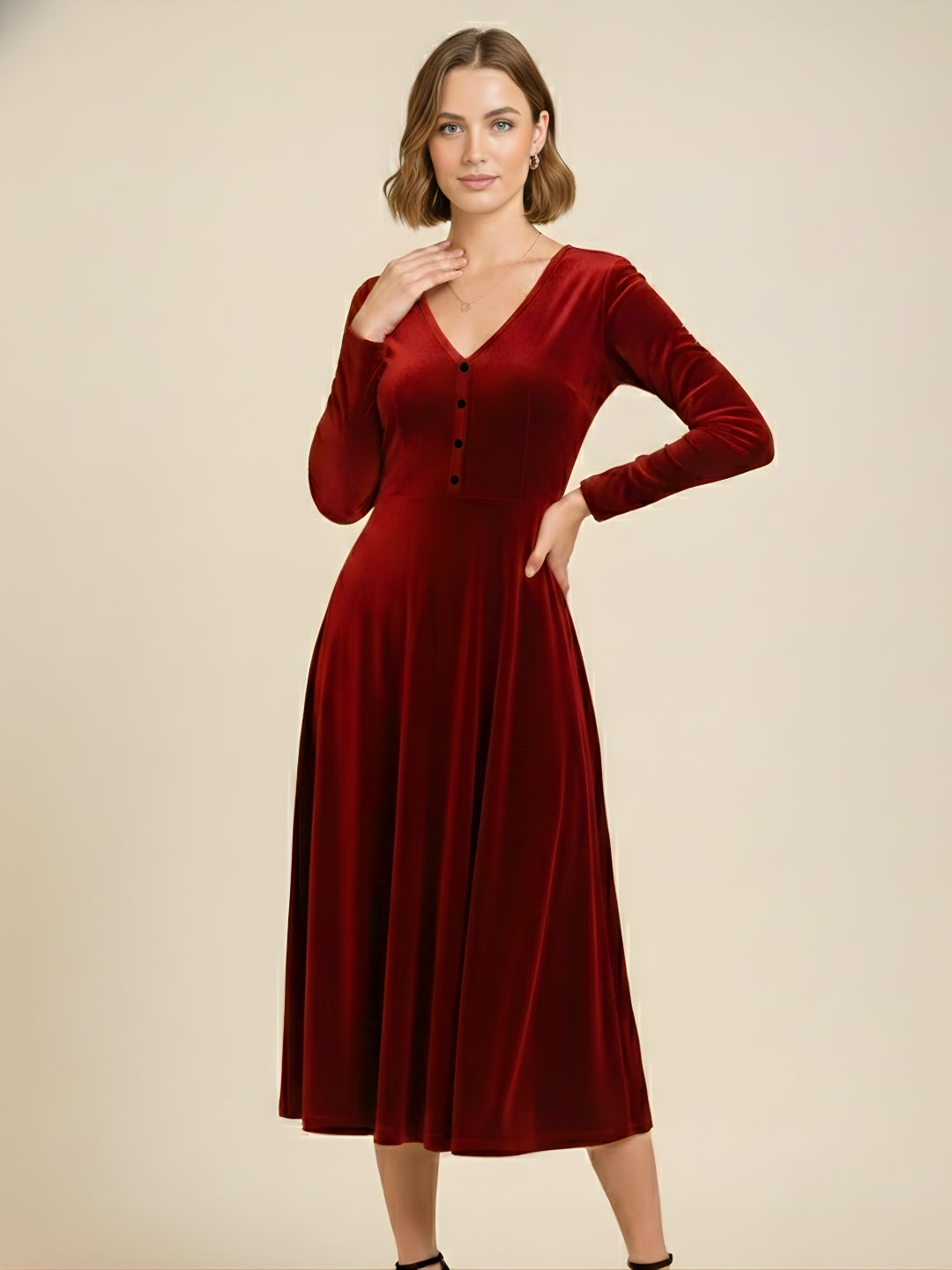 Crimson Velvet Classic Midi Dress