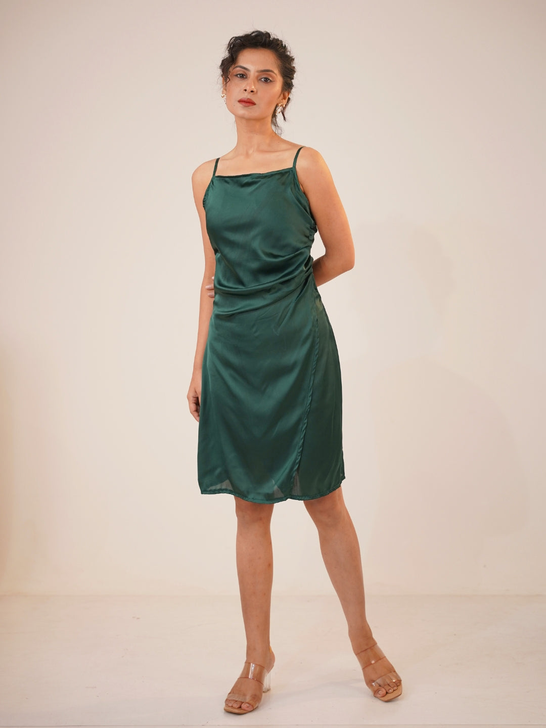 Emerald Aura Satin Slip Midi Dress
