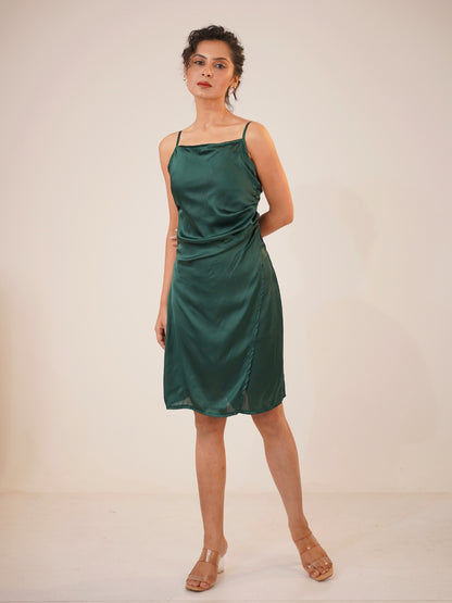 Emerald Aura Satin Slip Midi Dress