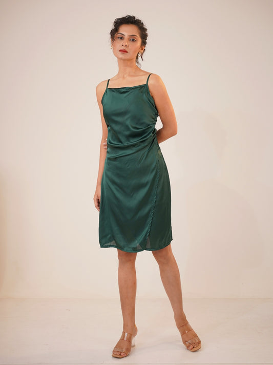 Emerald Aura Satin Slip Midi Dress
