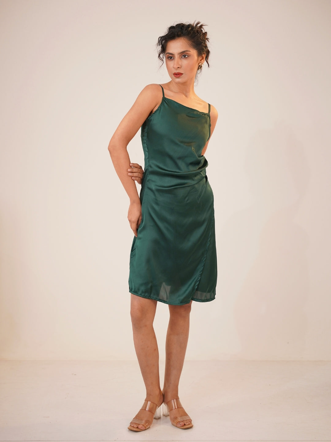 Emerald Aura Satin Slip Midi Dress