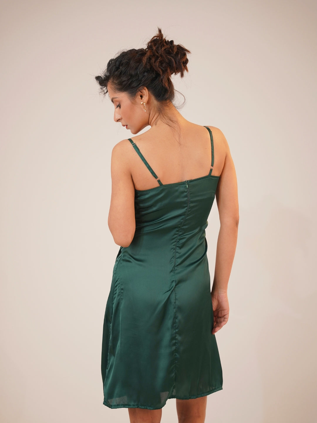 Emerald Aura Satin Slip Midi Dress