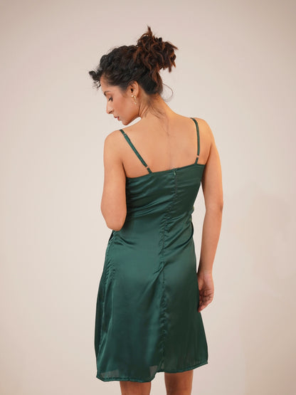 Emerald Aura Satin Slip Midi Dress