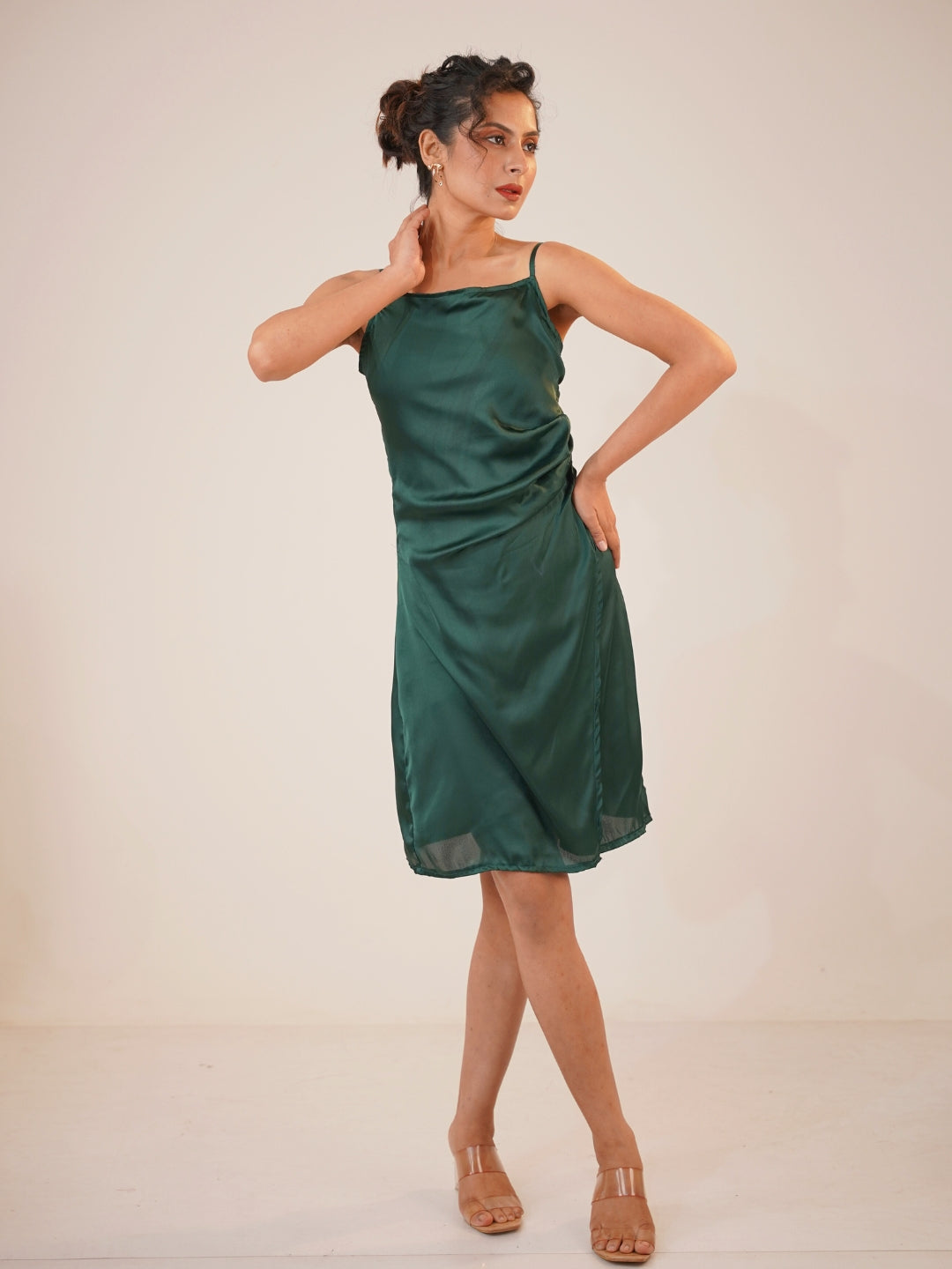 Emerald Aura Satin Slip Midi Dress
