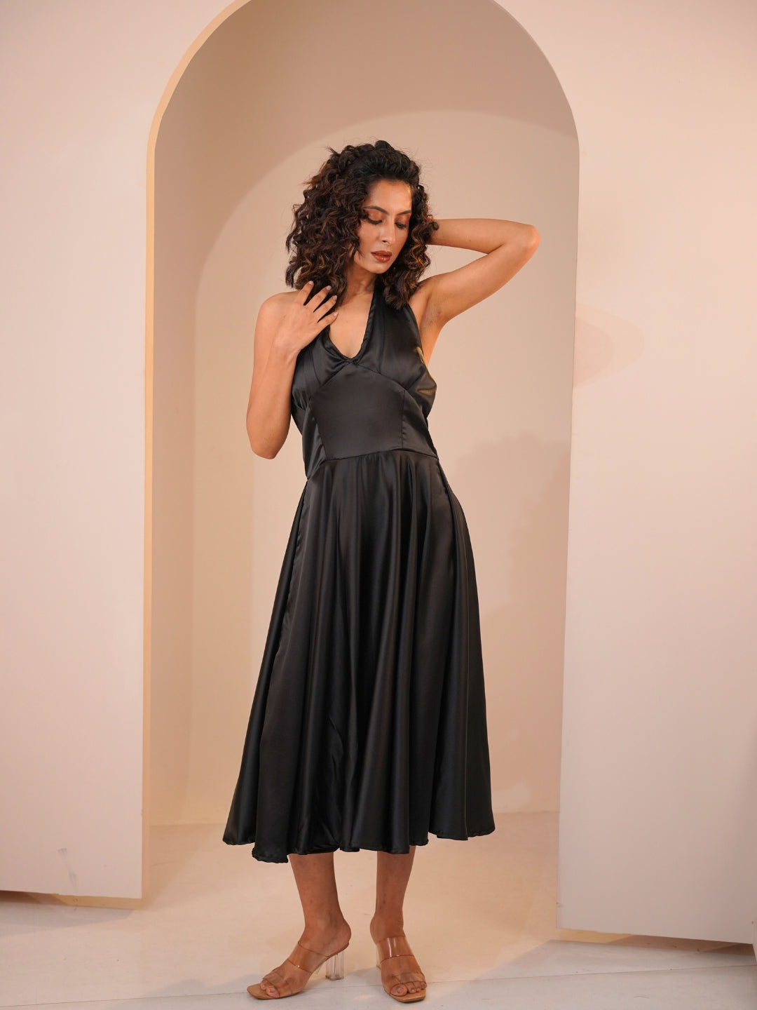 Black Elegance Satin Halter Neck Midi Dress