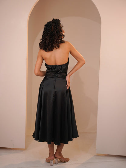 Black Elegance Satin Halter Neck Midi Dress