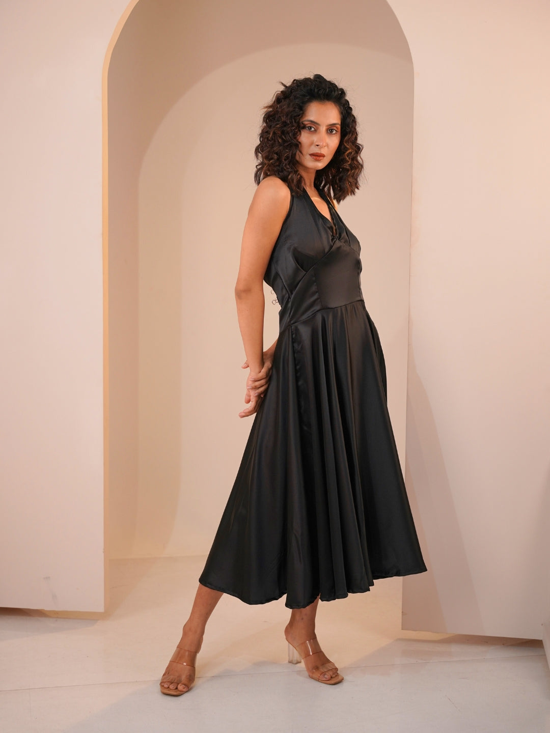 Black Elegance Satin Halter Neck Midi Dress