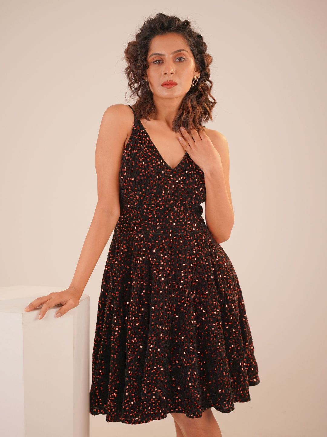 Velvet Rouge Noir Sequins Midi Dress
