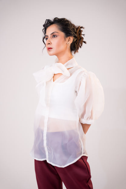 White Bow Puff Sleeve Top