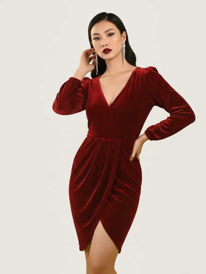 Draped V-Neck Velvet Mini Dress