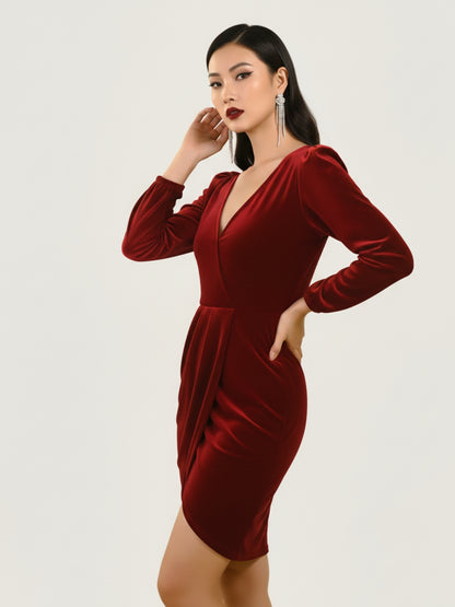 Draped V-Neck Velvet Mini Dress