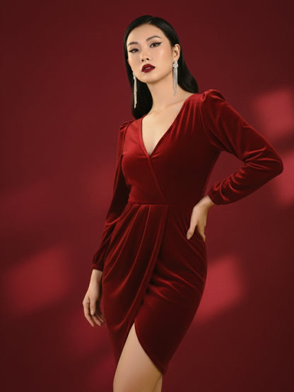 Draped V-Neck Velvet Mini Dress