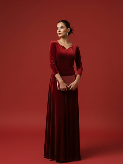 Imperial Maroon Velvet Floor Length Gown