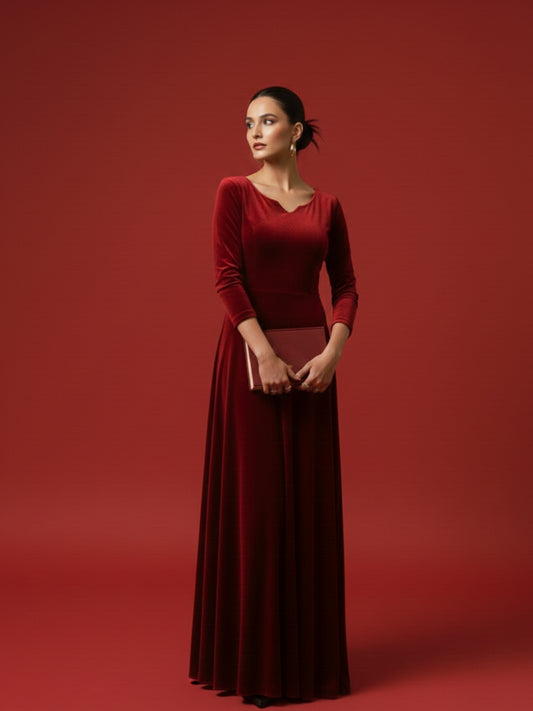 Imperial Maroon Velvet Floor Length Gown