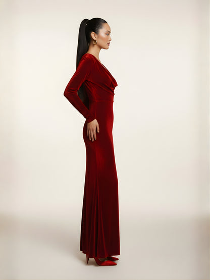 Maroon Luxe Cowl Neck Siren Velvet Gown