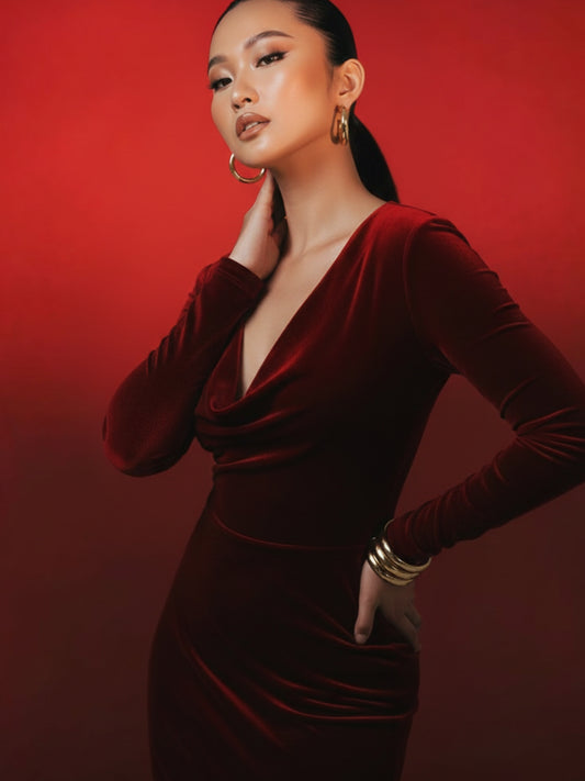 Maroon Luxe Cowl Neck Siren Velvet Gown