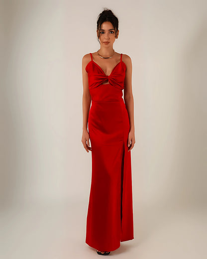 Crimson Temptation Red Slit Maxi Dress