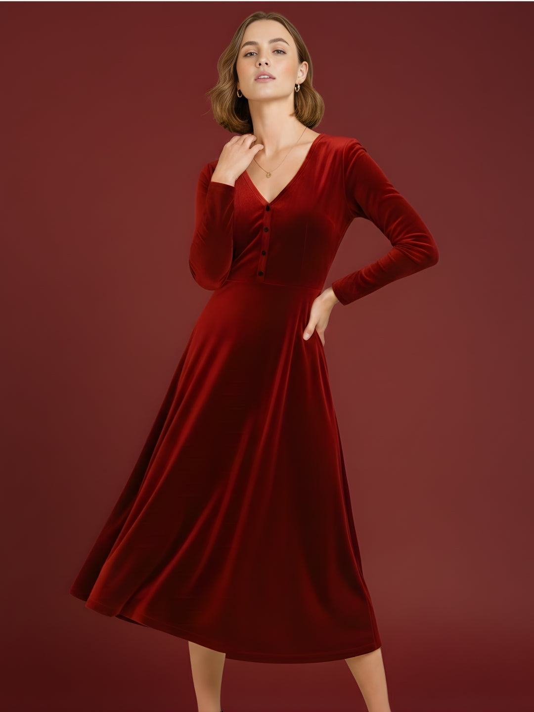 Crimson Velvet Classic Midi Dress