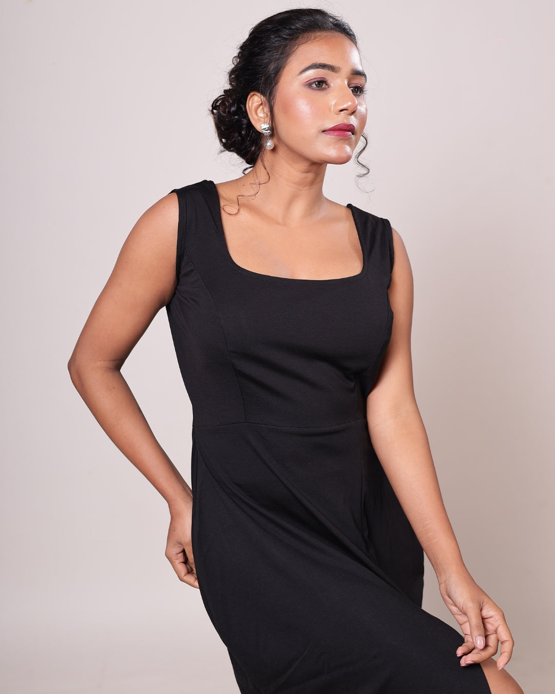 Noir Envy Square-Neck Slit Bodycon Dress