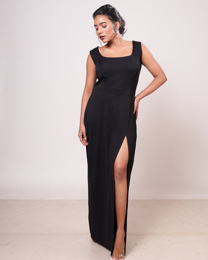 Noir Envy Square-Neck Slit Bodycon Dress