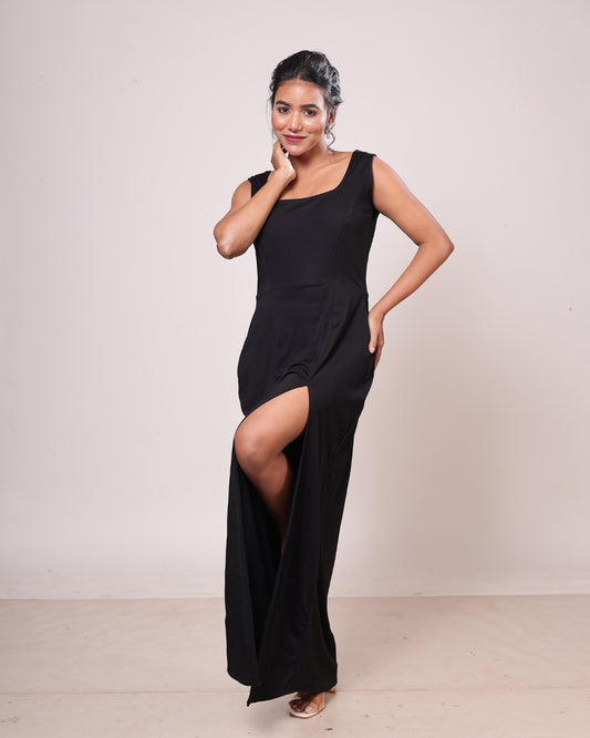 Noir Envy Square-Neck Slit Bodycon Dress