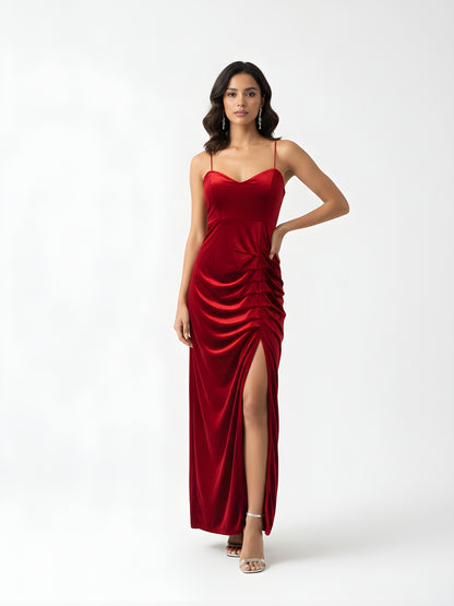 Velvet Rouge Siren Side-Slit Glamour Gown