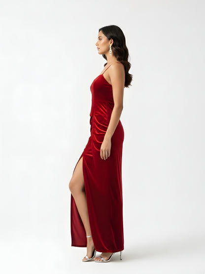 Velvet Rouge Siren Side-Slit Glamour Gown
