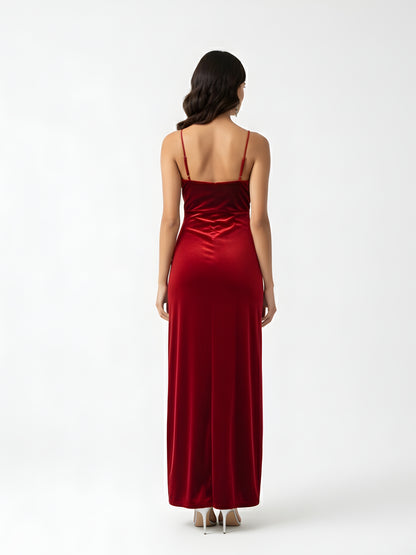 Velvet Rouge Siren Side-Slit Glamour Gown