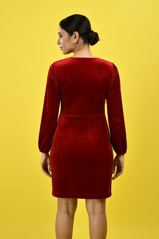 Draped V-Neck Velvet Mini Dress