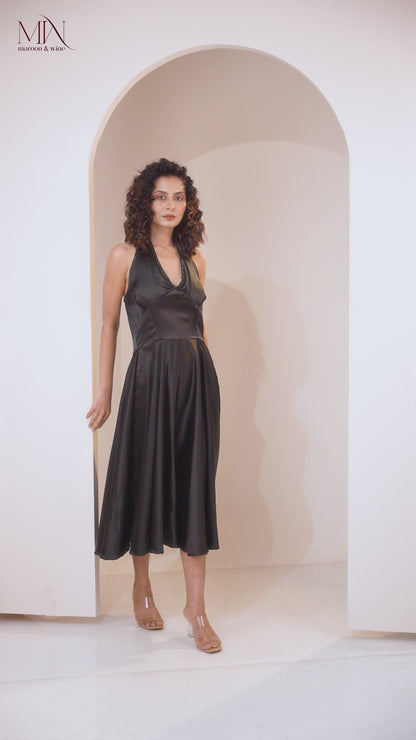 Black Elegance Satin Halter Neck Midi Dress