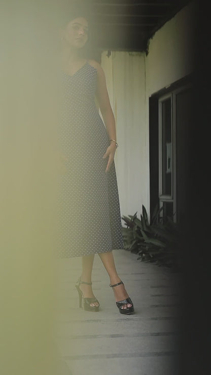 Navy Polka Charm Spaghetti Midi Dress